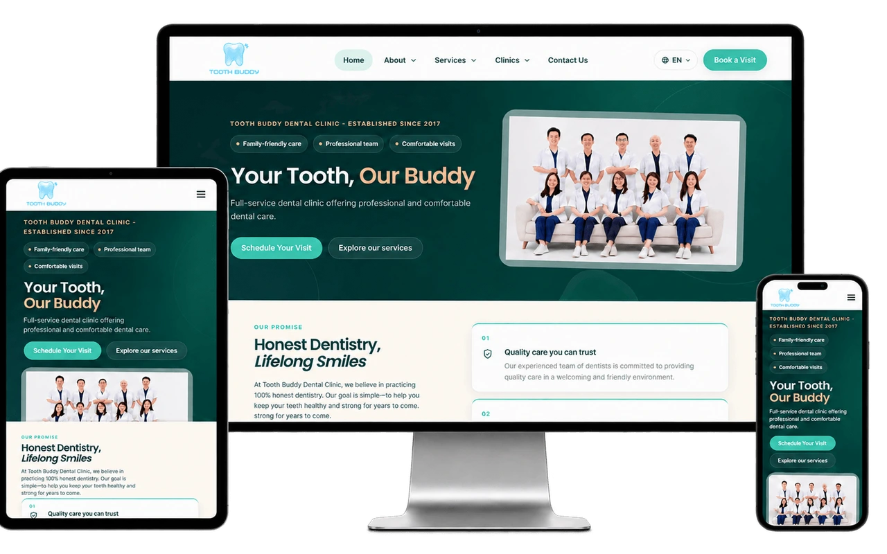 Tooth Buddy Dental Clinics website shown across desktop, tablet and mobile